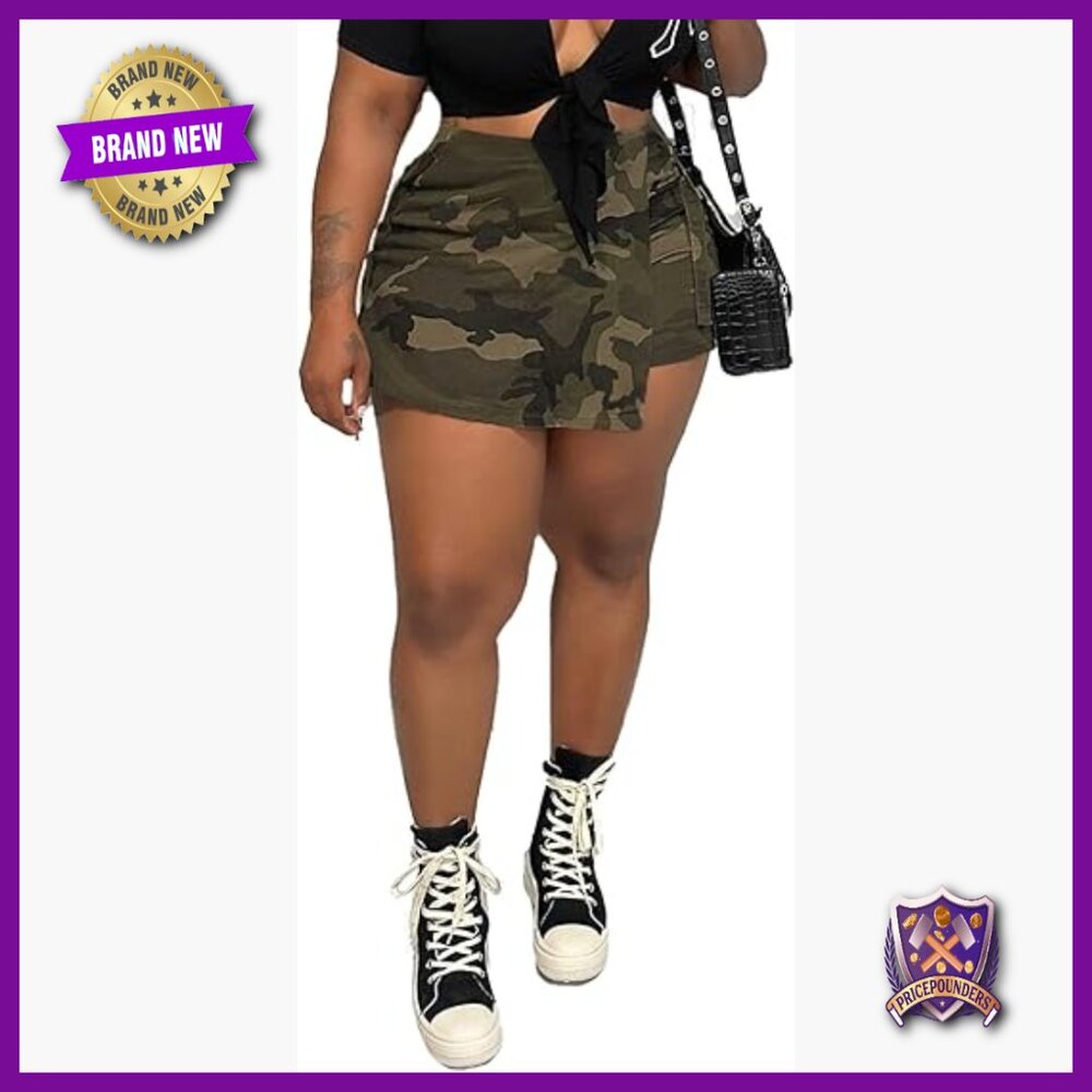 Plus Size High Waist Cargo Skirt with Slit and Pockets Denim Bodycon
